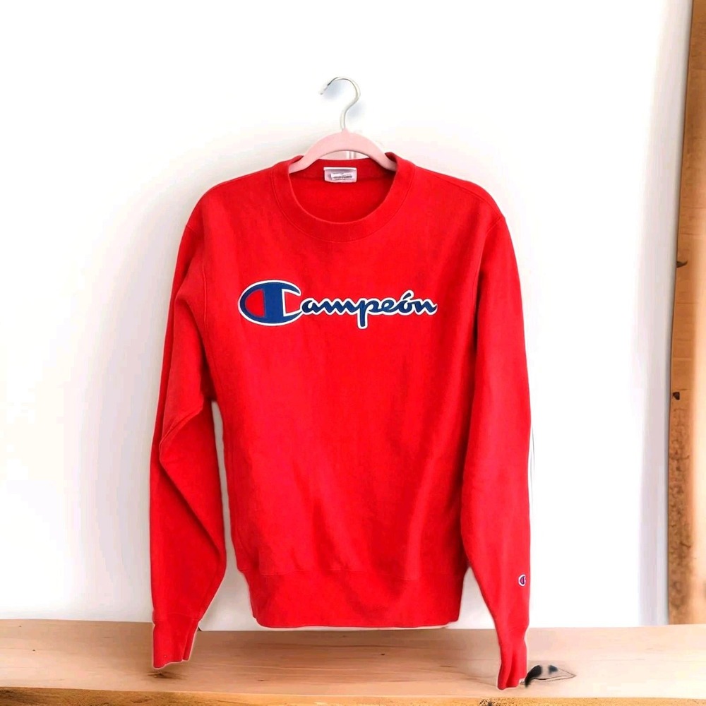 Champion Reverse Weave Sweatshirt Mens Small Red Campeon Script Logo Pullover